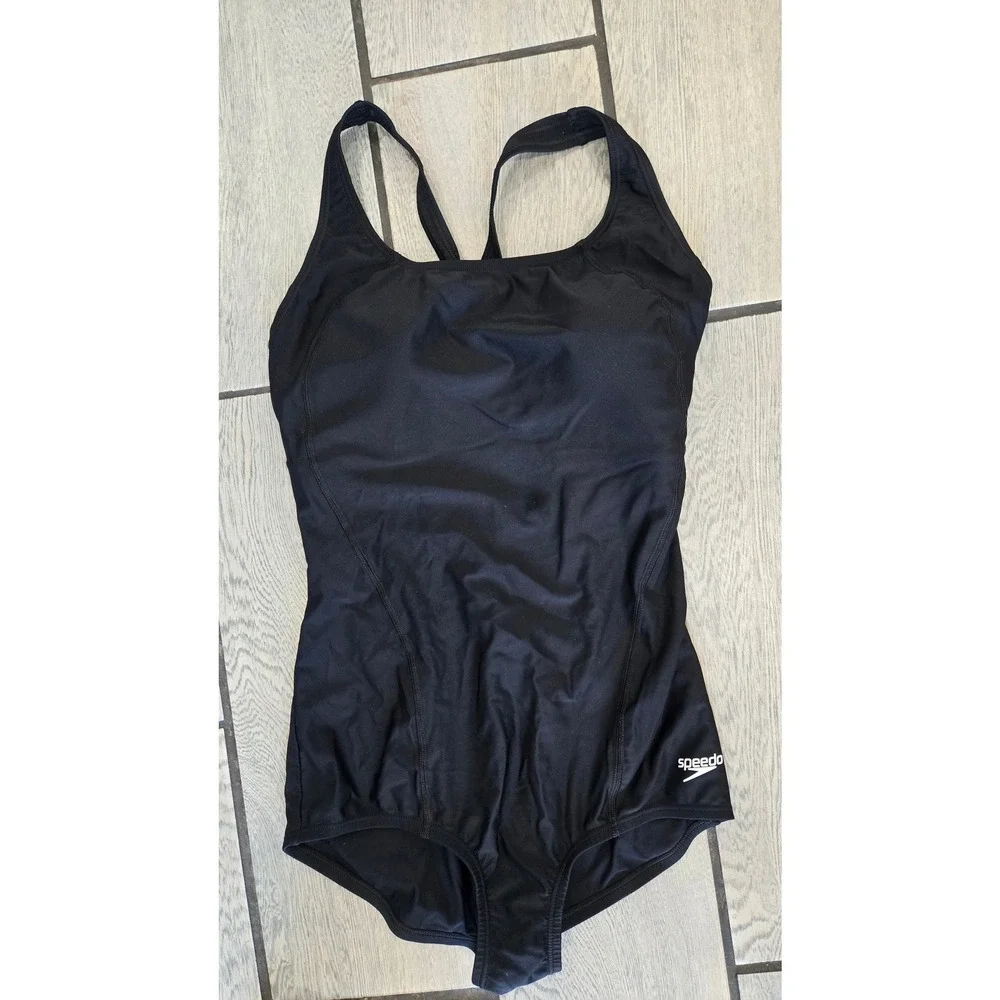 Speedo PowerFLEX Womens 10 Black One Piece Swimsuit Racerback Training Swimwear